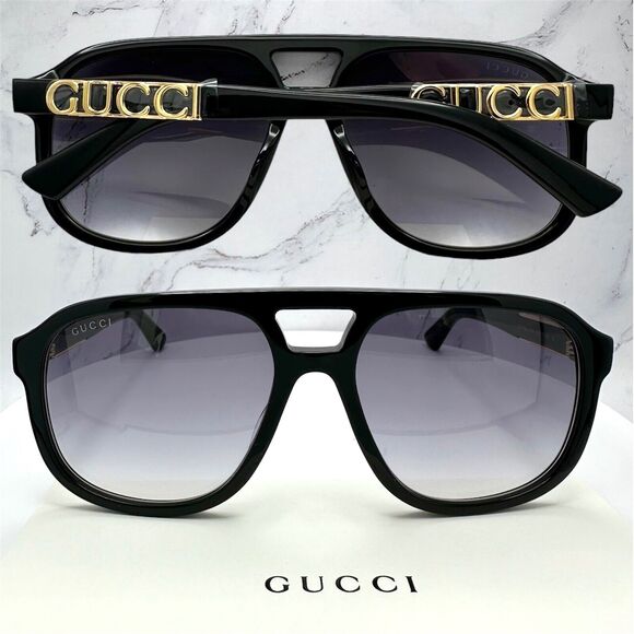New Gucci Sunglasses Black Pilot Aviator 58mm Navigator Gold Authentic - Picture 3 of 16